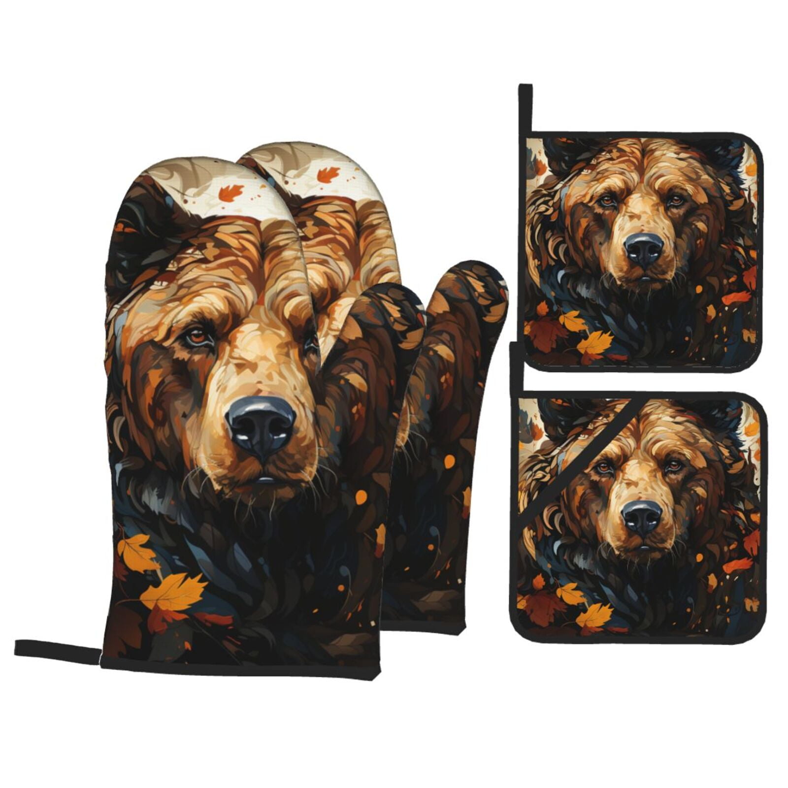 Bear Grizzly Bear Art Vintage 4Pcs Oven Mitts and Pot Holders Sets Oven Kitchen Gloves Hot Pads for Cooking BBQ Baking Grilling