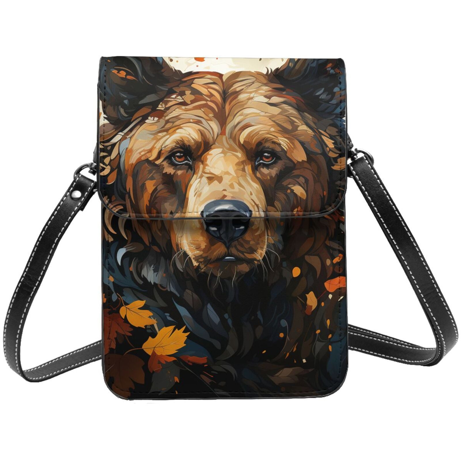 Bear Grizzly Bear Art Vintage Cell Phone Purse Small Crossbody Bag with Strap Credit Card Slots Leather Shoulder Wallet for Women