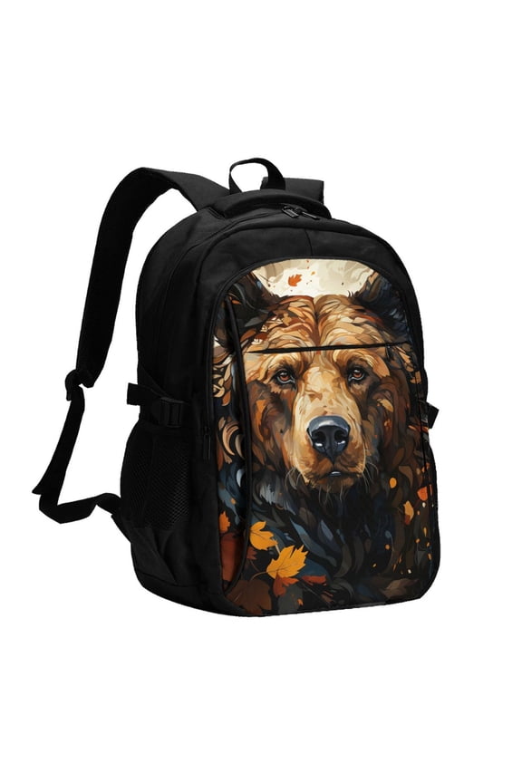 Bear Grizzly Bear Art Vintage Laptop Backpack with USB Charging Headphone Port Casual Daypack Bag College Business Travel