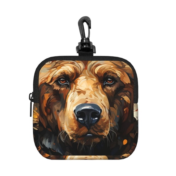 Bear Grizzly Bear Art Vintage Square Gear Pouch with Lobster Clasp Waterproof Tech Accessory Organizer, Key & Coin Case