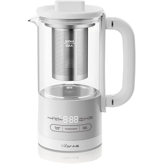 Bear HK-5L06P04 Mini Health Pot, Electric Kettle Tea Maker with Infuser, Glass Kettle & 316L Stainless Steel, 6 Auto Menus, 0.6L Compact Size, White