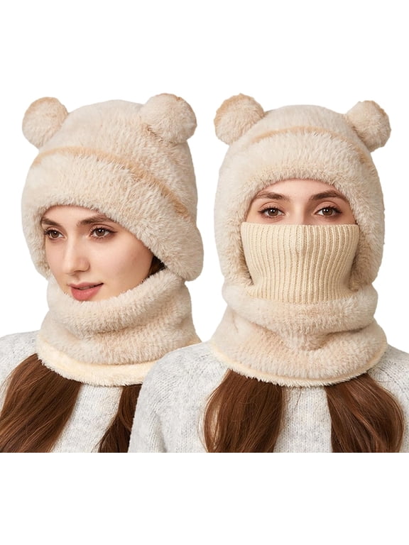 Bear Hat Ski Mask for Adult, 3-in-1 Winter Fleece Beanie Hat with Hood and Scarf, Cute Bear Knit Head Cover for Cold Weather