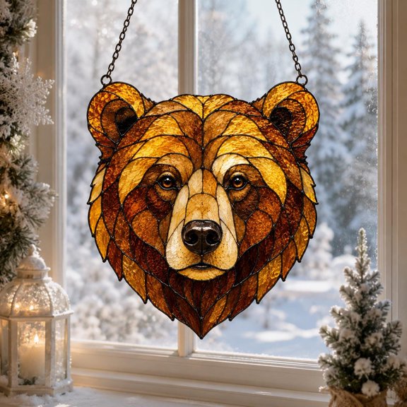 Bear Head Acrylic Suncatcher, Faux Stained Glass Window Hanging, Woodland Bear Decor, Nature Lover Gift size 6in