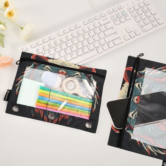 Bear Head Gray 2 Pack Pencil Pouches Zipper Pencil Case 3 Ring Pencil Pouch Cosmetic Bag