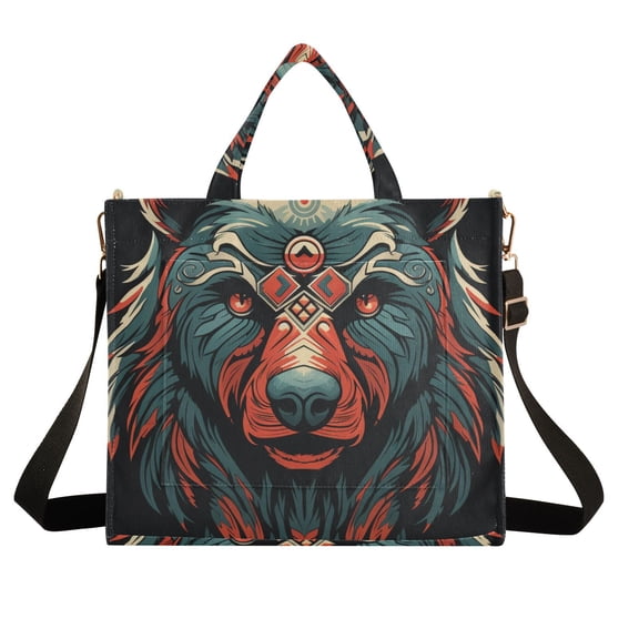 Bear Head Gray Corduroy Tote Bag Handbag Large Messenger Bag Shoulder Crossbody Zipper Bag Purse
