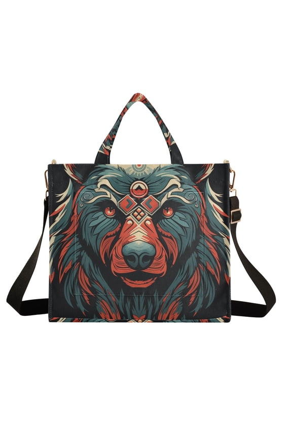 Bear Head Gray Corduroy Tote Bag Handbag Large Messenger Bag Shoulder Crossbody Zipper Bag Purse