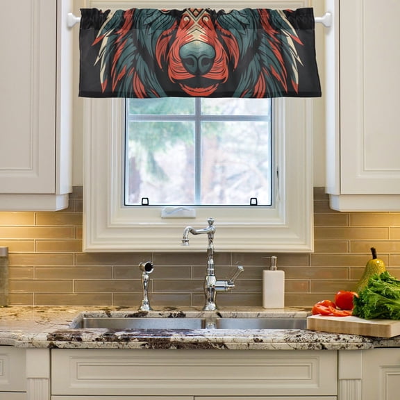 Bear Head Grey Curtain Valances Farmhouse Design Window Treatment Decor Blackout Rod Pocket for Windows Living Room Kitchen 54" x 18"