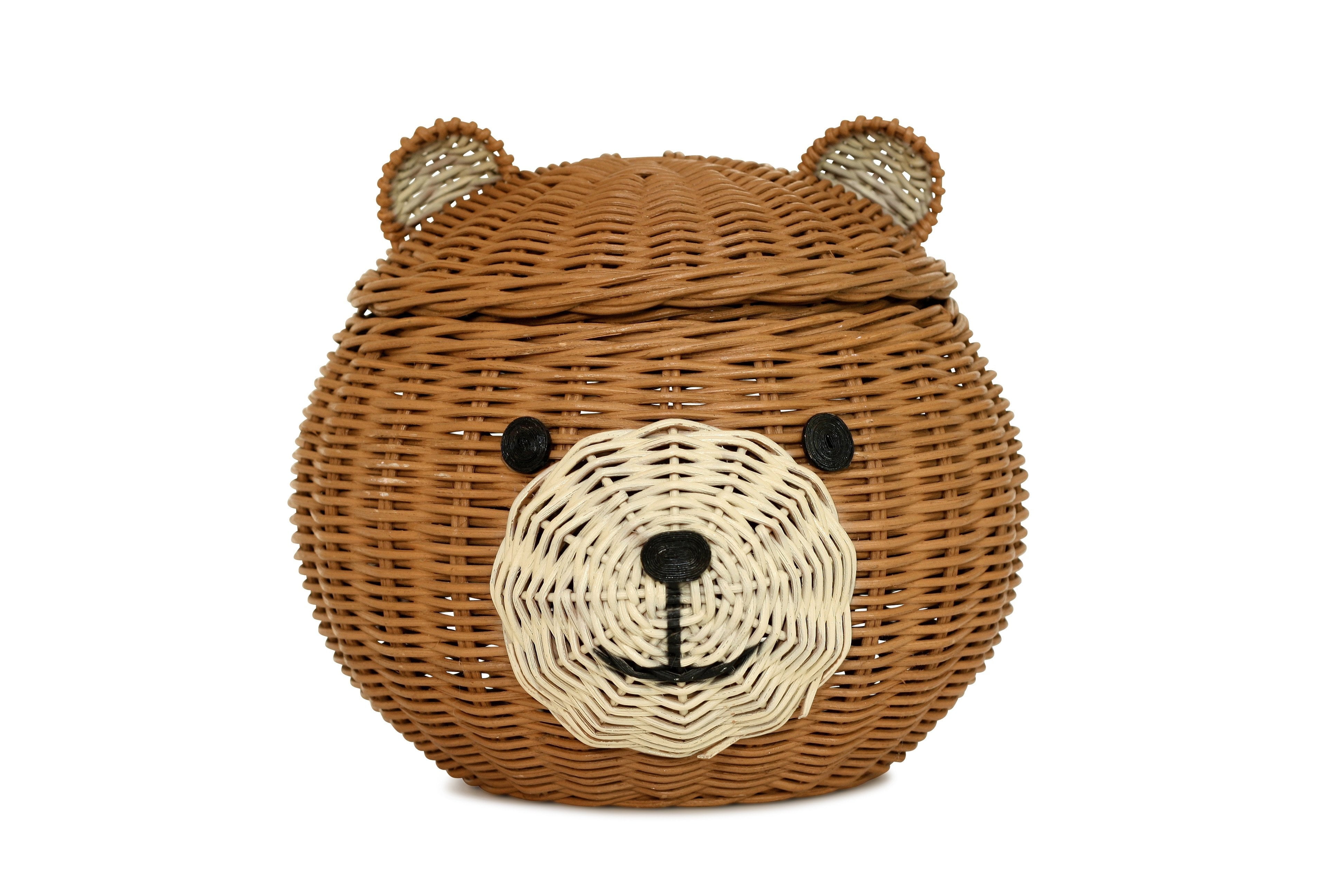 Bear Head Rattan Storage Basket with Lid Decorative Home Decor Hand Woven Shelf Organizer Cute Handmade Handcrafted Gift Art Decoration Artwork Wicker