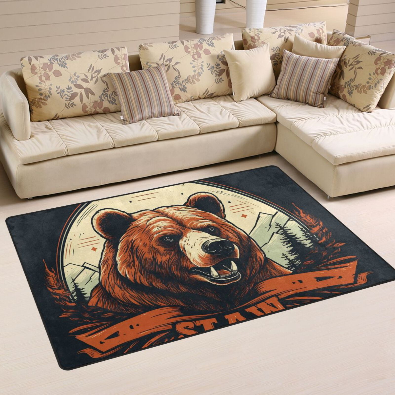 Bear Head Trees Mountains Area Rug Washable Floor Carpet Mat 60 x