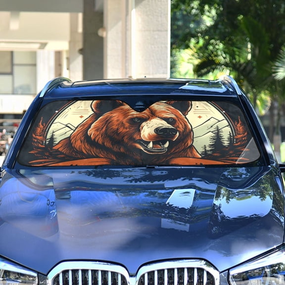 Bear Head Trees Mountains Automotive Front Car Windshield Sun Shade Reflector Foldable for Front Fit for Cars Truck SUVs