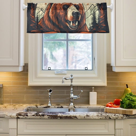 Bear Head Trees Mountains Curtain Valances Farmhouse Design Window Treatment Decor Blackout Rod Pocket for Windows Living Room Kitchen 54" x 18"