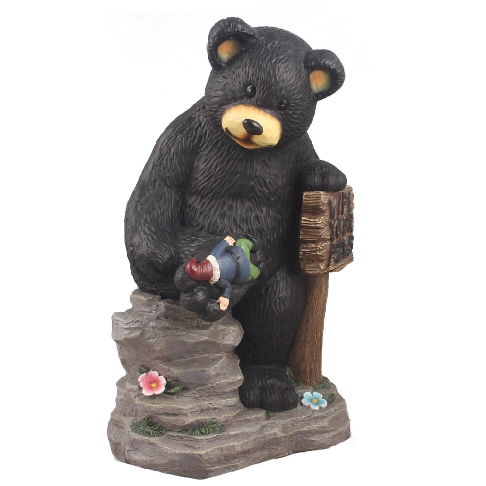 Black Polyresin Bear Holding Sign and Gnome Statue