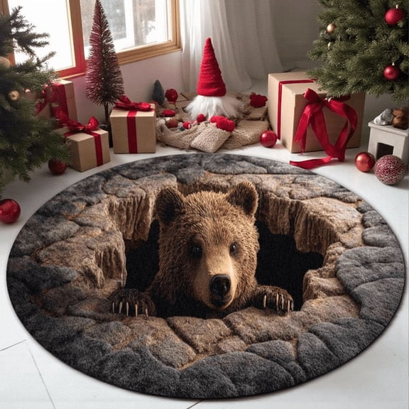 Bear Hole Illusion Rug, 3D Printed Bear Round Mat for Living Room, Realistic Bear Carpet