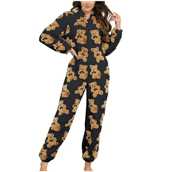 Bear Hooded Adult Onesie for Women Teddy Plush One Piece Zipper Pajamas Winter Fuzzy Cute Hoodie Romper Jumpsuit