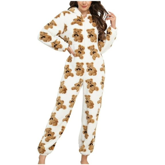 Bear Hooded Adult Onesie for Women Teddy Plush One Piece Zipper Pajamas Winter Fuzzy Cute Hoodie Romper Jumpsuit