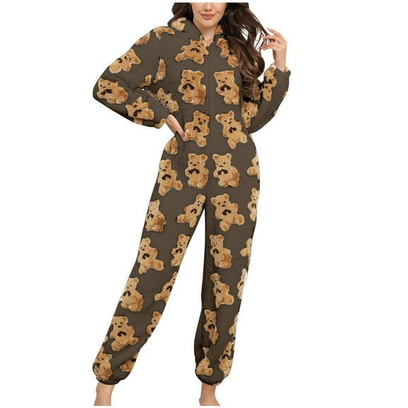 Bear Hooded Adult Onesie for Women Teddy Plush One Piece Zipper Pajamas Winter Fuzzy Cute Hoodie Romper Jumpsuit