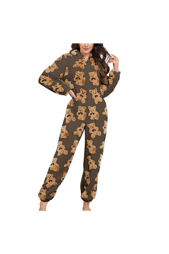 Bear Hooded Adult Onesie for Women Teddy Plush One Piece Zipper Pajamas Winter Fuzzy Cute Hoodie Romper Jumpsuit