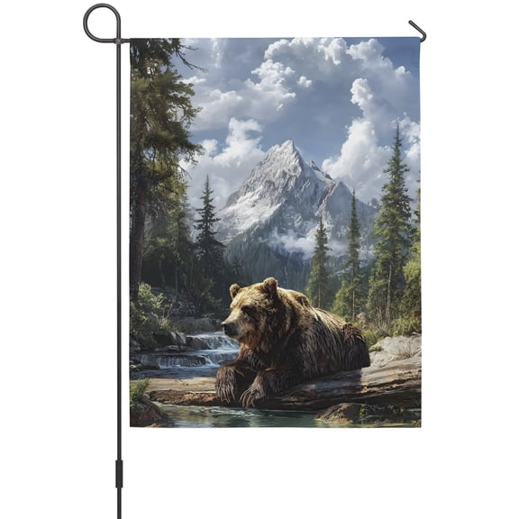 Bear House Flags For Outdoor, Animal Snow Mountain Nature Pine Forest Small Double Side Yard Flags Weather Proof House Decor for Lawn Outside Holiday 28 x 40 Inches