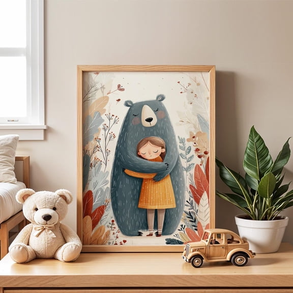 Bear Hug Nursery Woodland Animal Baby Room Playful Illustration Wall Art Unframed Paper Print
