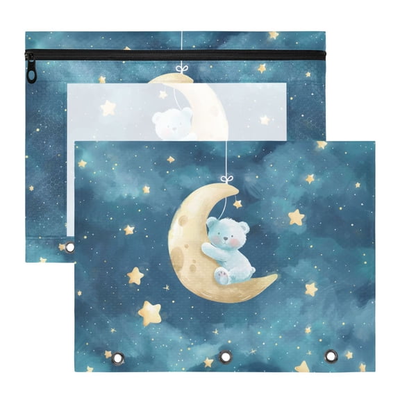Bear Hug The Moon Stars 3-Ring Binder Pouches A4 Size Zipper Pocket File Storage 2 Packs