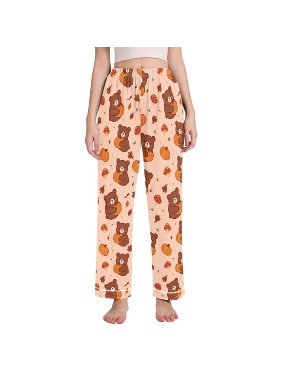 Bear Hugging Pumpkin Pattern Women's Pajama Pants Straight Leg Sleep Bottoms with Pockets Contrast Trim Lounge Pants for Women Small