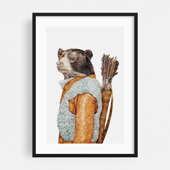 Bear Hunter - Painting Animal Surrealism Illustration Whimsical Wildlife Fantasy Portrait Black Framed Wall Art Print 12 x 18 inches