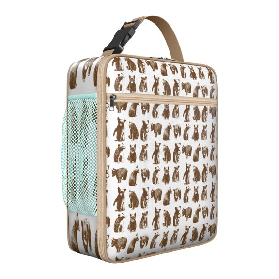 Bear Hunting Artistic Pattern Insulated Lunch Bag, Brown Polar Cartoon Print Thermal Tote for School, Work, Travel