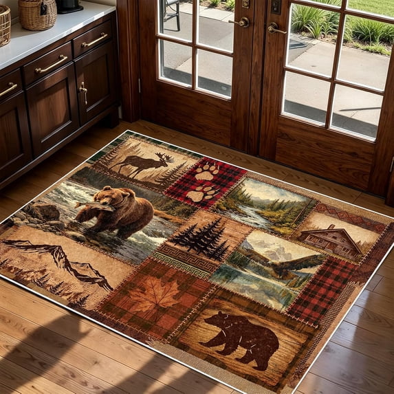 Bear Hunting Fish Rug 2x3ft Small Rustic Cabin Entryway Rug for Kitchen ...