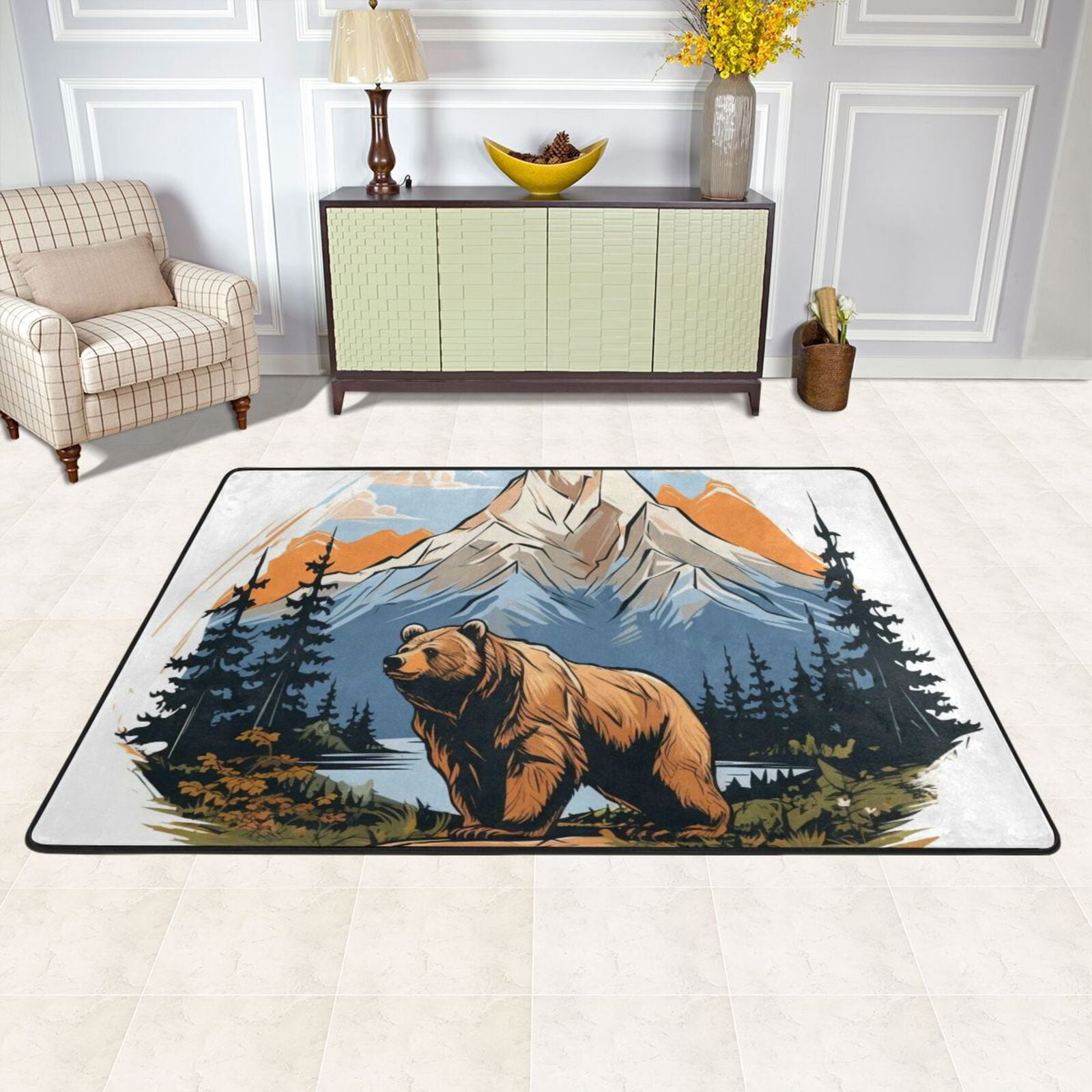 Bear Iceberg Trees Mountain Lake Area Rug Washable 72 x 48 Floor