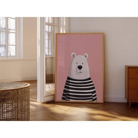 Bear Illustration Poster Modern Animal Art Print Cute Pink Background Decor