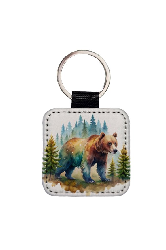 Bear In Forest Watercolor Design Faux Leather Square Keychain