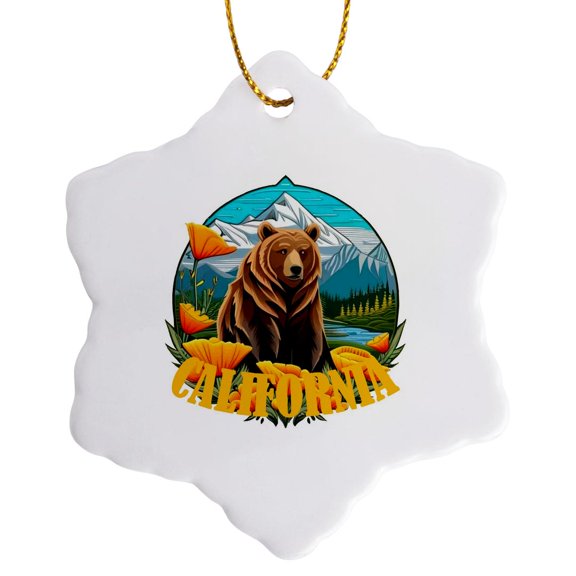 3drose, Bear in Mountain Landscape Surrounded by Orange California Poppies, 3 inch Snowflake Porcelain Ornament