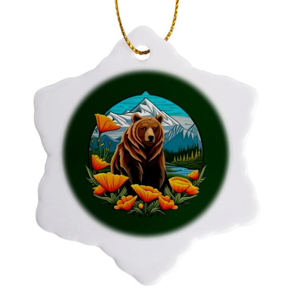 3drose, Bear in Mountain Landscape Surrounded by Orange California Poppies, 3 inch Snowflake Porcelain Ornament