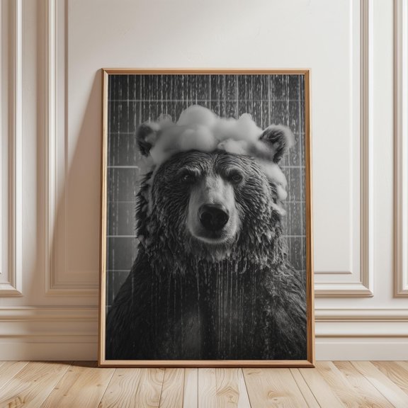 Bear In Shower Poster Black And White Photography Bathroom Wall Art , Poster Print Only