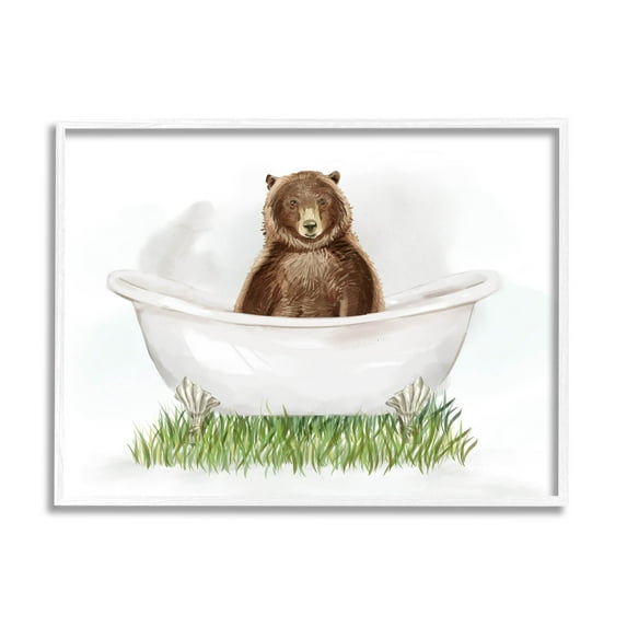 Bear In Tub Bathroom Animal Animals & Insects Graphic Art White Framed Art Print Wall Art