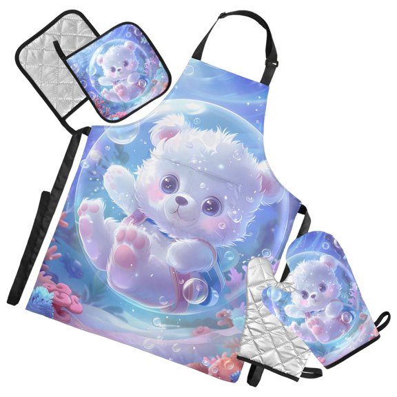 Bear Inside Bubble Corals Underwater Apron Set with Oven Mitts Pot Holders Set of 5 Kitchen Stuff Accessories