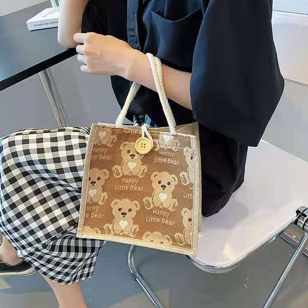 Bear Jute Burlap Tote Bag with Handles Japanese Linen Bento Bag 