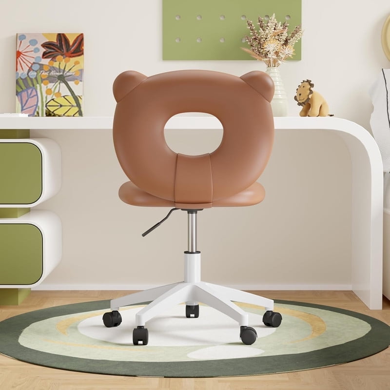Bear Kids Desk Chair with Wheels& Back, Adjustable Armless Child Study Chair, Cute PU Leather ...