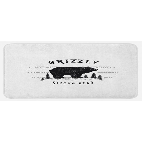 Bear Kitchen Mat, Strong Grizzly Bear in the Forest Vintage Grunge Look Life in the Mountains Theme, Plush Decorative Kitchen Mat with Non Slip Backing, 47" X 19", Black White, by Ambesonne