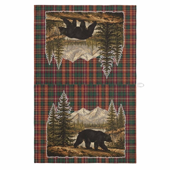 Bear Kitchen Towels Dish Towel Pack of 1 Rustic Farmhouse Brown Mountain Pine Lake Red Green Plaid Soft Dish Cloth Set Absorbent Dishcloth for Drying Dishes, Hand Towels 18 x 28 Inches
