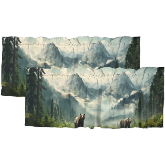 Bear Kitchen Valance Curtain Rod Pocket Rustic Green Misty Forest Cabin Country Wild Animal Hunting Lodge Thermal Insulated Room Darkening Curtain for Dinning Room 54 by 18 in, 2 Panel