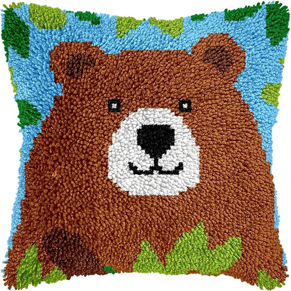 Bear Latch Hook Pillow Cover Kits for DIY Handmade Throw Pillow Cross Stitch Latch Hooking Pillowcase Kits with Preprinted Color Pattern Canvas Crochet Yarn Kits 17''X 17''(8-101)