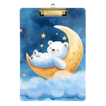 Bear Lies on Moon Shining Stars Acrylic Clipboard Drawing Board Clipboard with Hook A4 Size Gold 12.5" x 9"