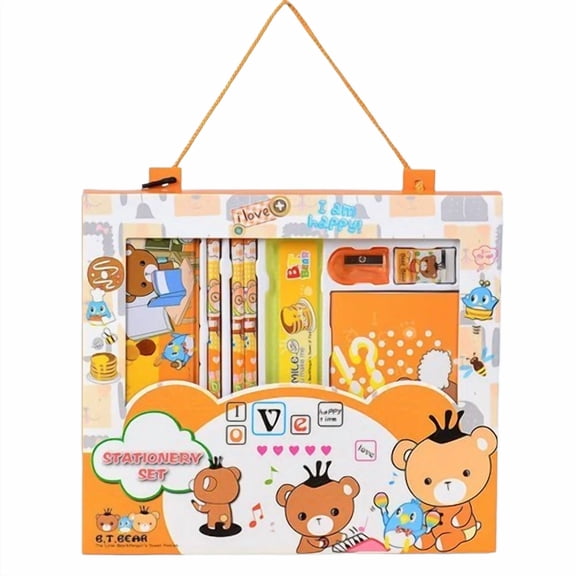 Bear Life is Sweet Stationery Set Boxed with Pencils, Eraser, Sharpener, Ruler, Notebook, Case, Orange