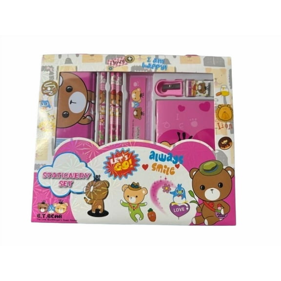 Bear Life is Sweet Stationery Set Boxed with Pencils, Eraser, Sharpener, Ruler, Notebook, Case, Pink