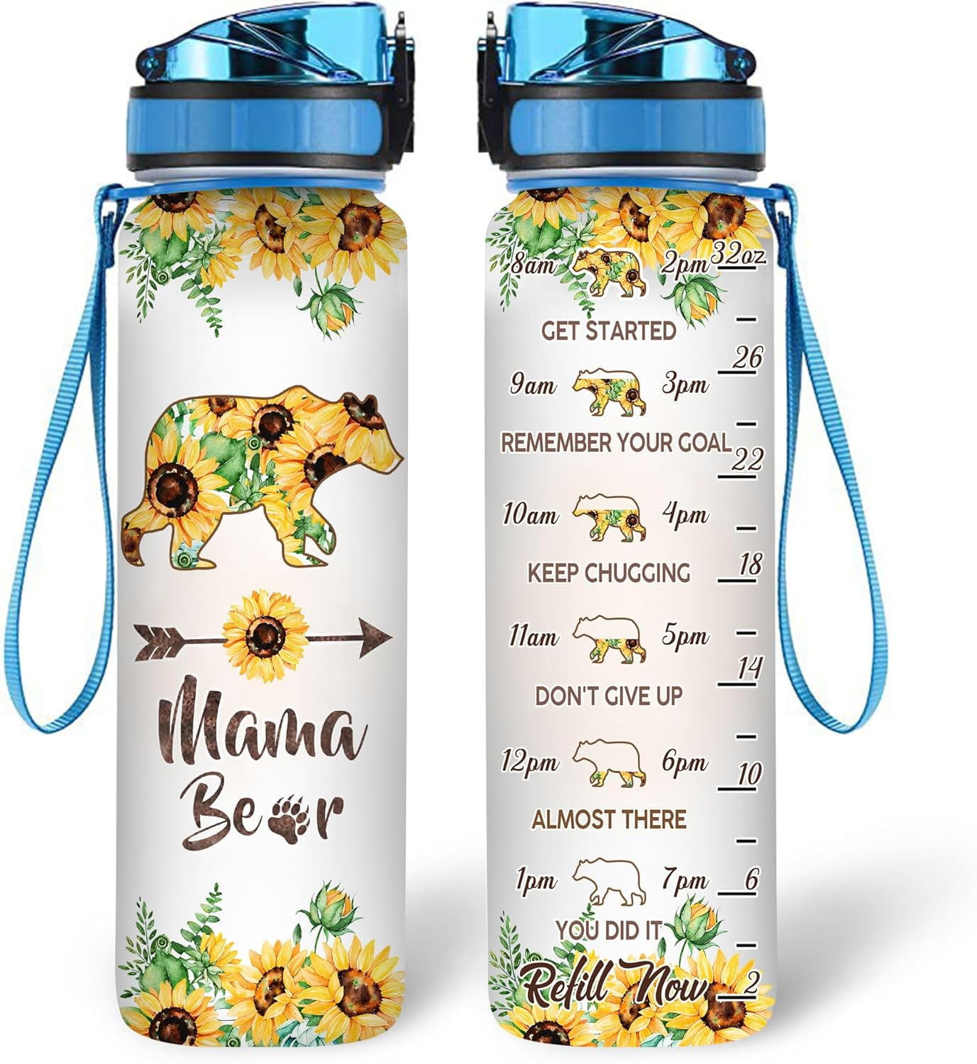 Bear Lovers Water Bottle - 32 Oz 1Liter Motivational Bottle With Time Marker, Mama Bear With Sunflower Gift For Animal Lovers, Women, Girls, Mom on Birthday, Christmas