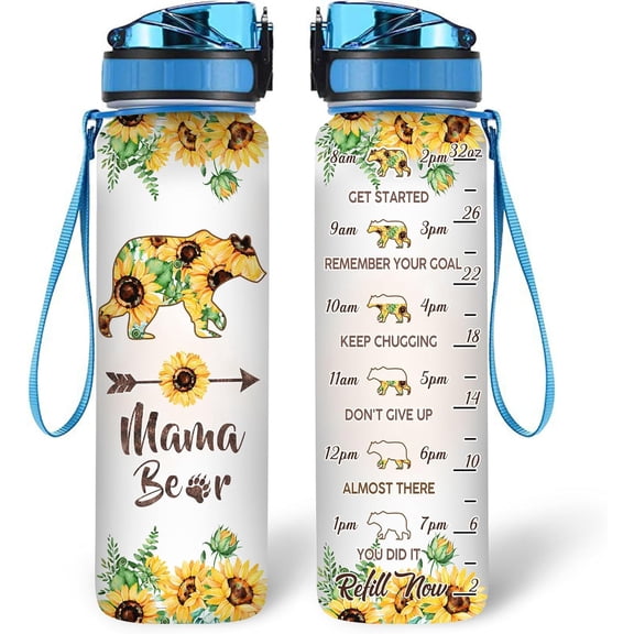 Bear Lovers Water Bottle - 32 Oz 1Liter Motivational Bottle With Time Marker, Mama Bear With Sunflower Gift For Animal Lovers, Women, Girls, Mom on Birthday, Christmas