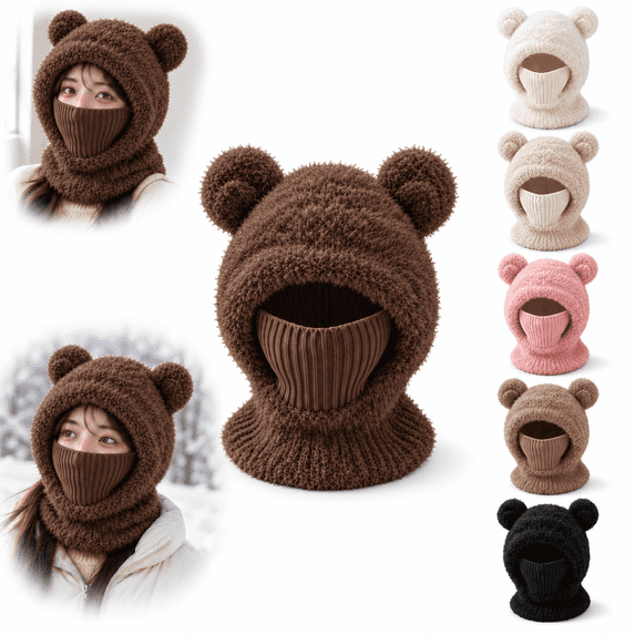 Woman Cold Mask Bear Mask Cap, 3-in-1 Winter Thermal Knit Beanie with Bear Ears, Fleece ...