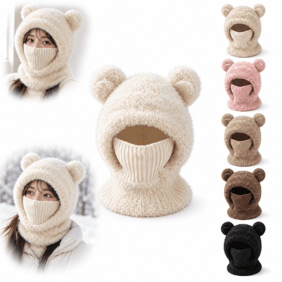 Woman Cold Mask Bear Mask Cap, 3-in-1 Winter Thermal Knit Beanie with Bear Ears, Fleece ...