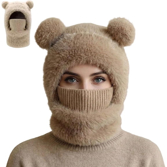 Bear Mask Cap, Bear Ski Mas, Winter 3 in 1 Fleece Beanie Hats, Cute Bear Knit Hood Scarf Head Cover Hat